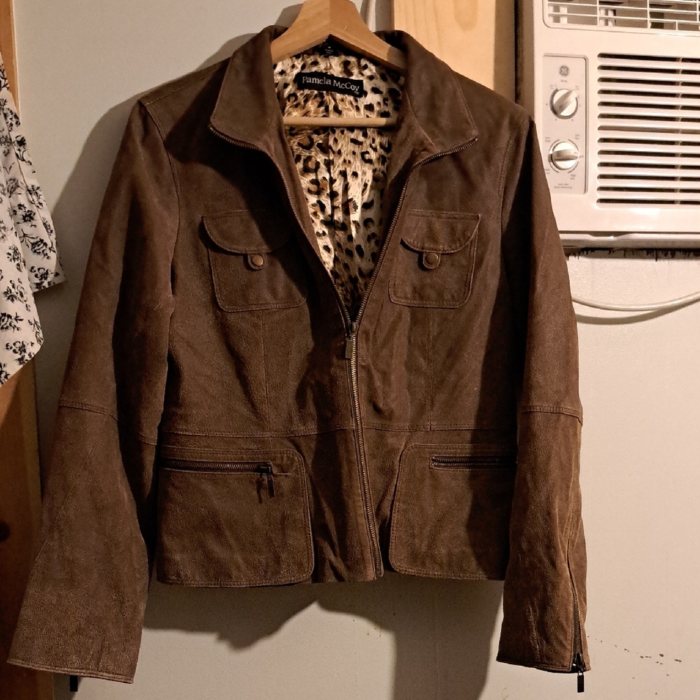 Pamela McCoy Brown Suede Zip-Front Leather Jacket
